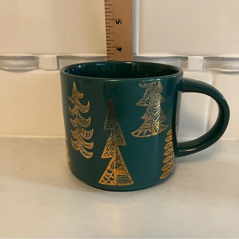 Starbucks green / gold mug with tree print.  EUC!